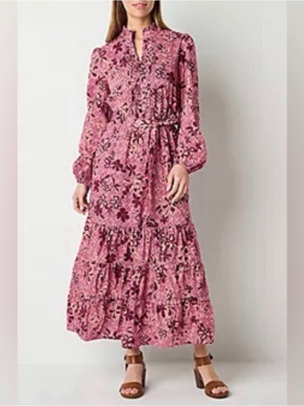 Ryegrass Pink Floral Tiered Long Sleeve Maxi Dress